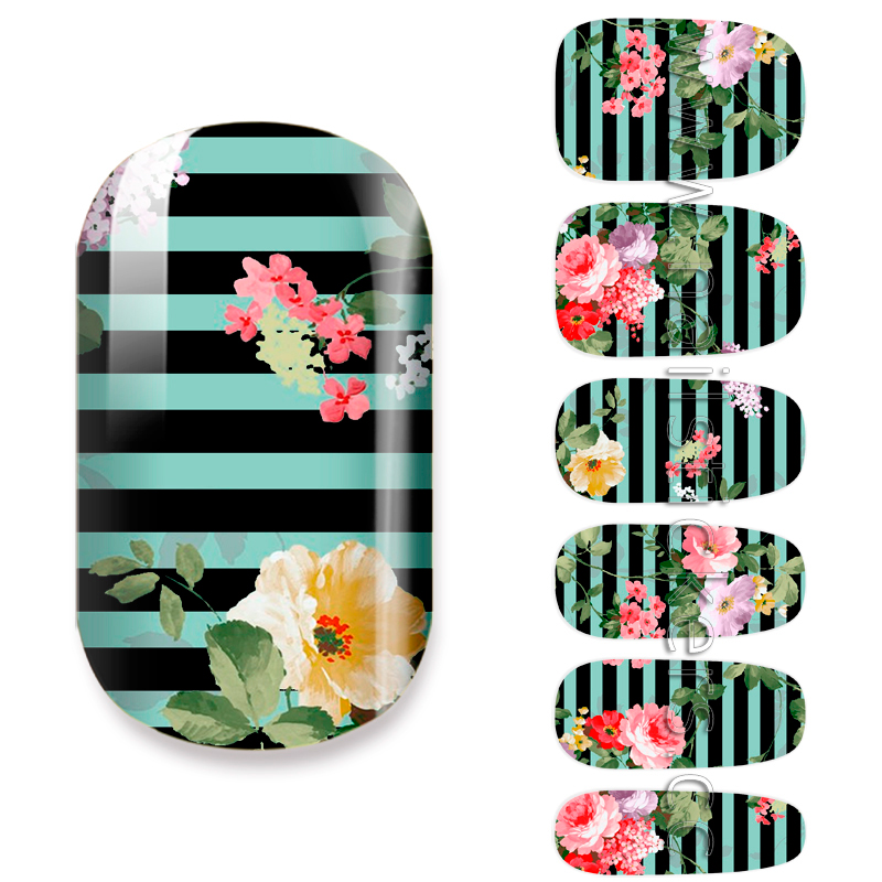 FLOWER NAIL ART WITH BLACK STRIPS MIXED MANI WRAP